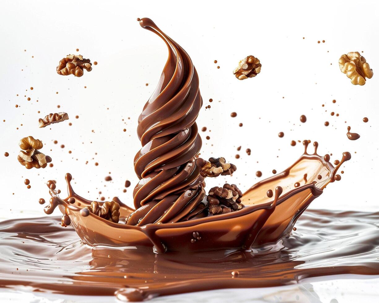 chocolate splashing on white background with walnuts photo