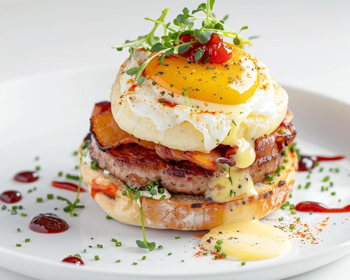 a plate of food with a burger, bacon, and an egg on it photo