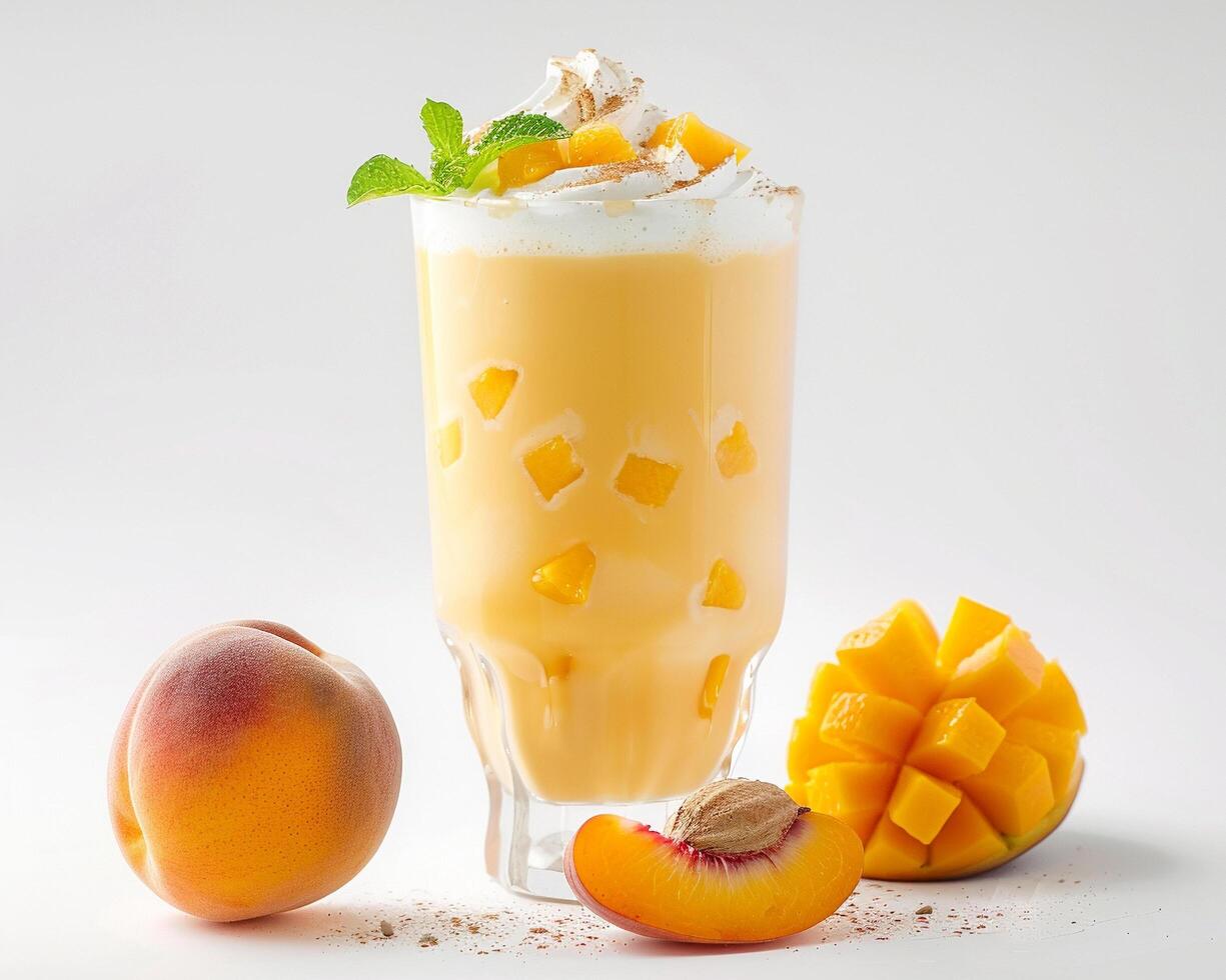 a glass of juice with a slice of peach photo
