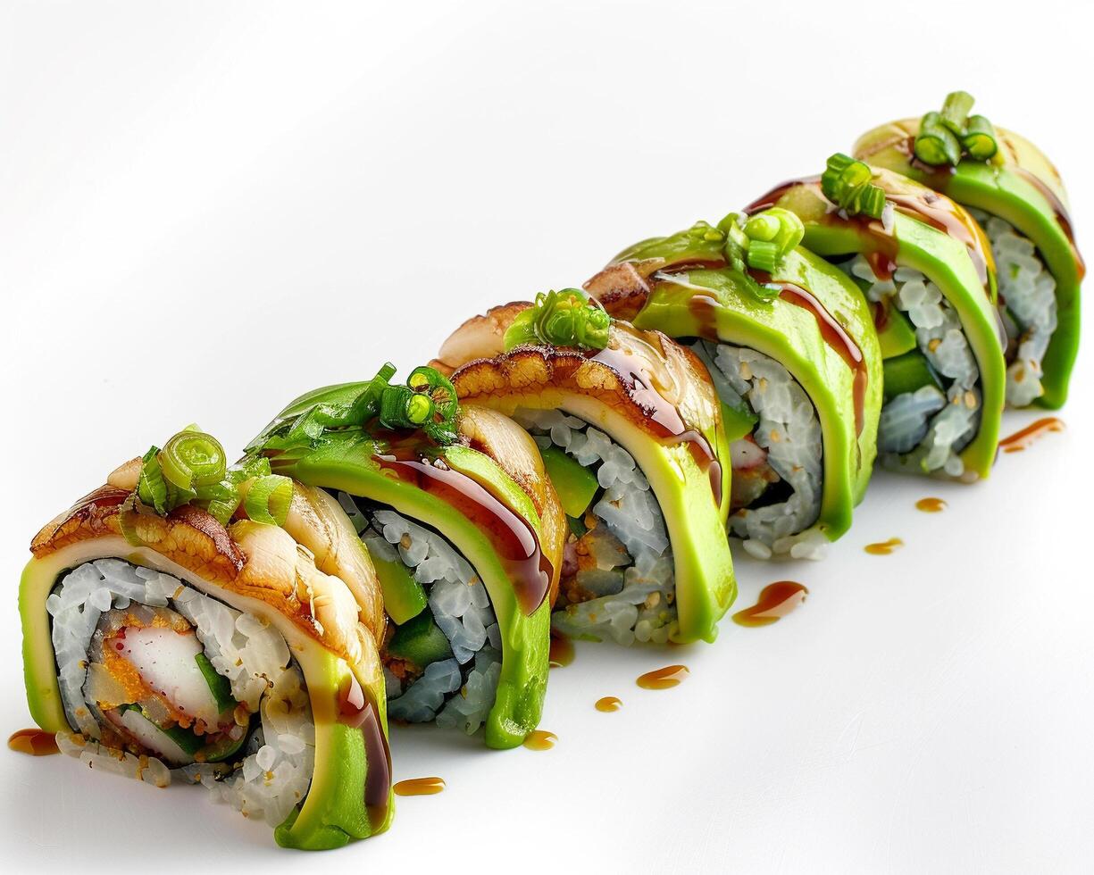 a sushi roll with green sauce and green vegetables photo