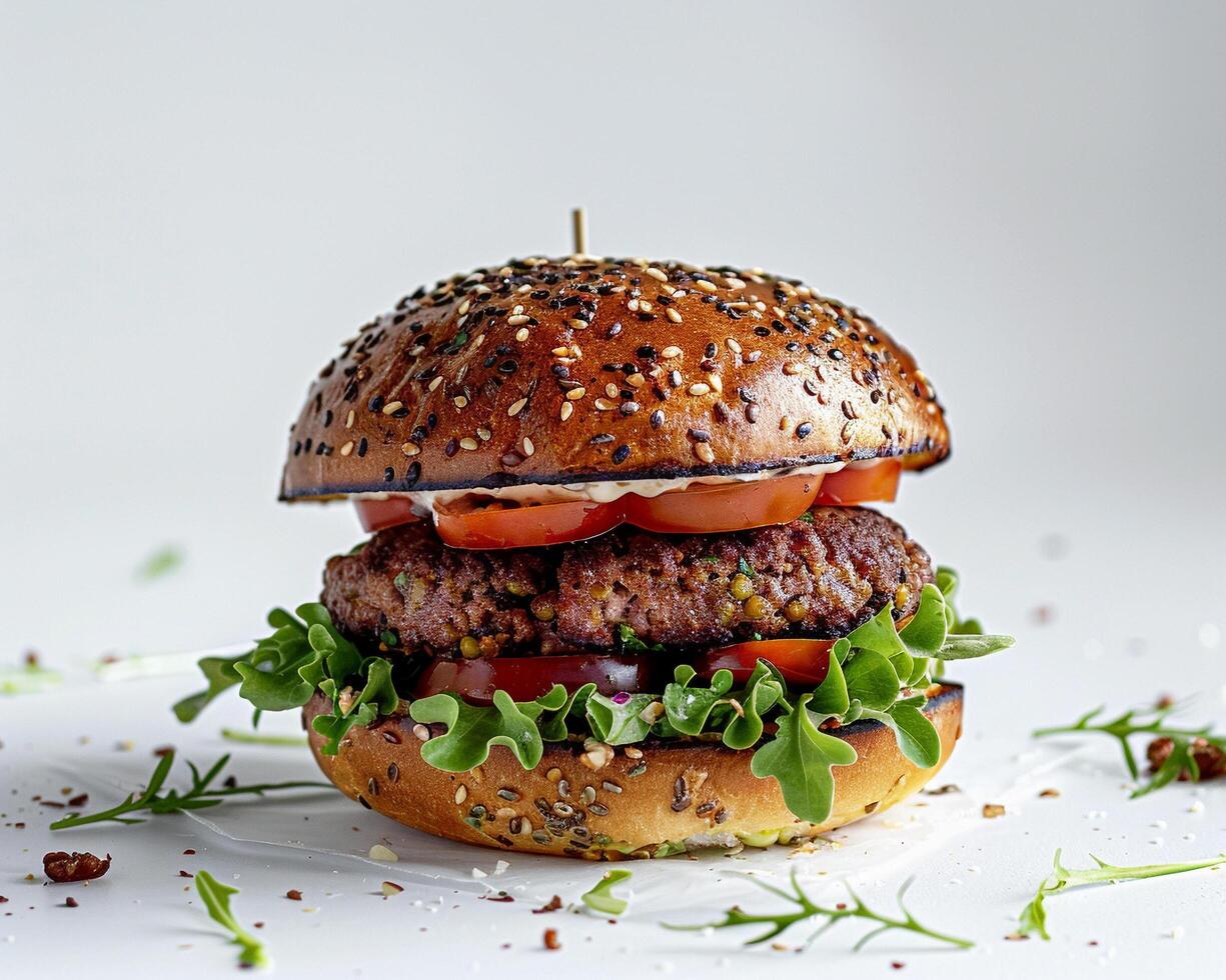 a hamburger with toppings on a white table photo