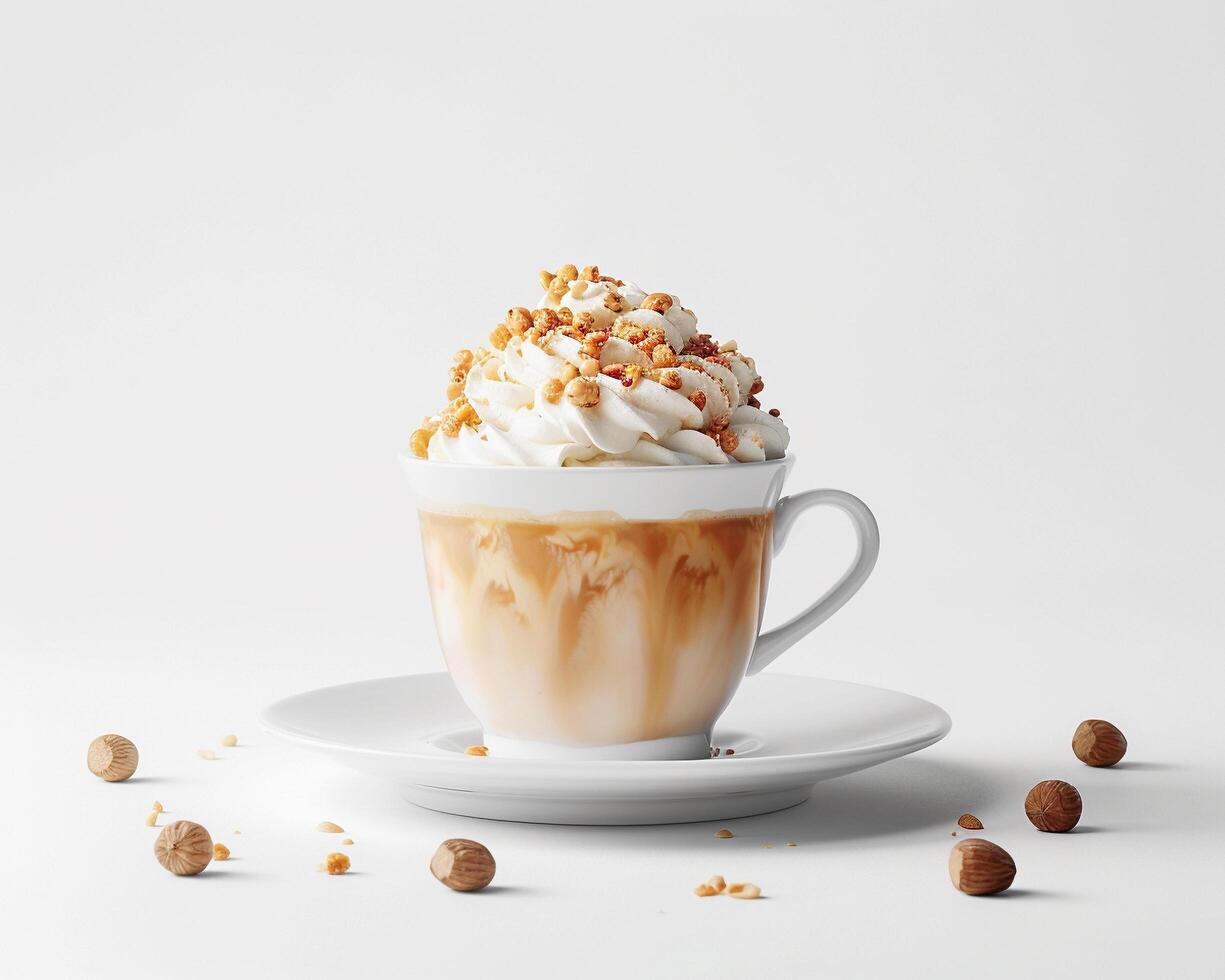 A coffee cup with whipped cream and nuts photo