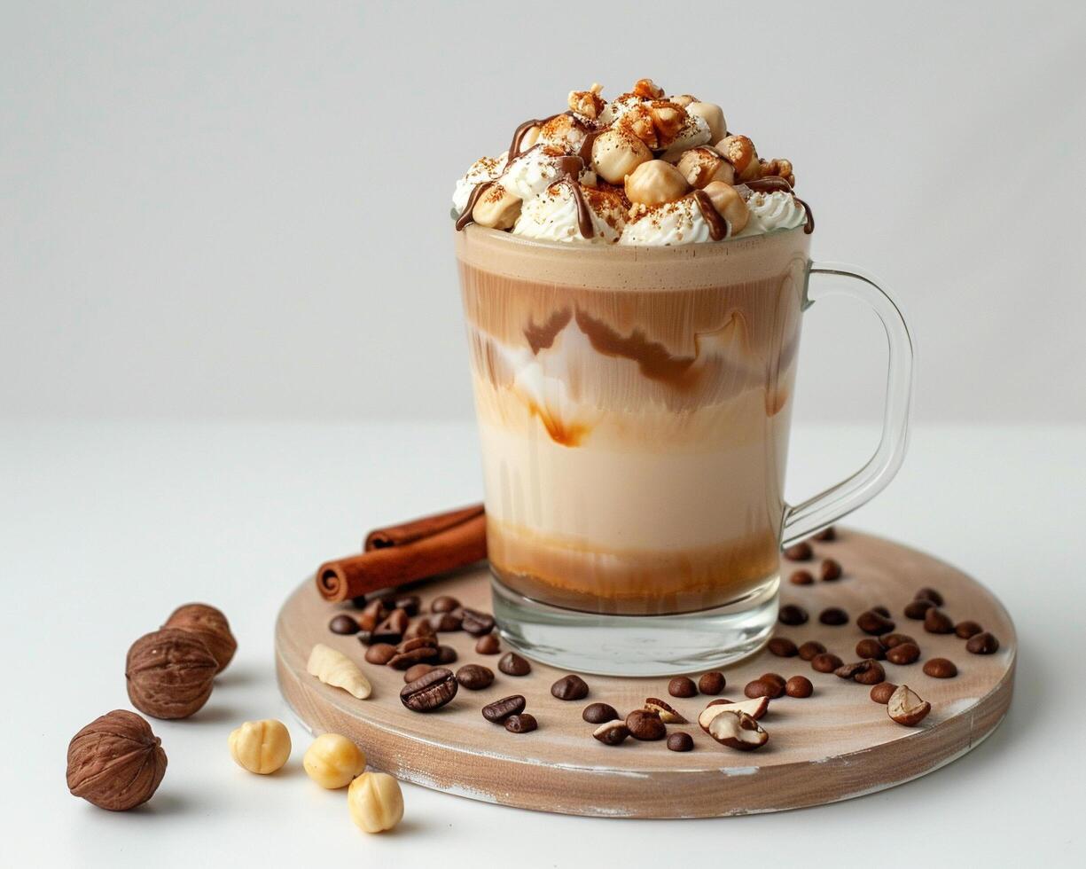 A coffee drink with nuts and whipped cream photo