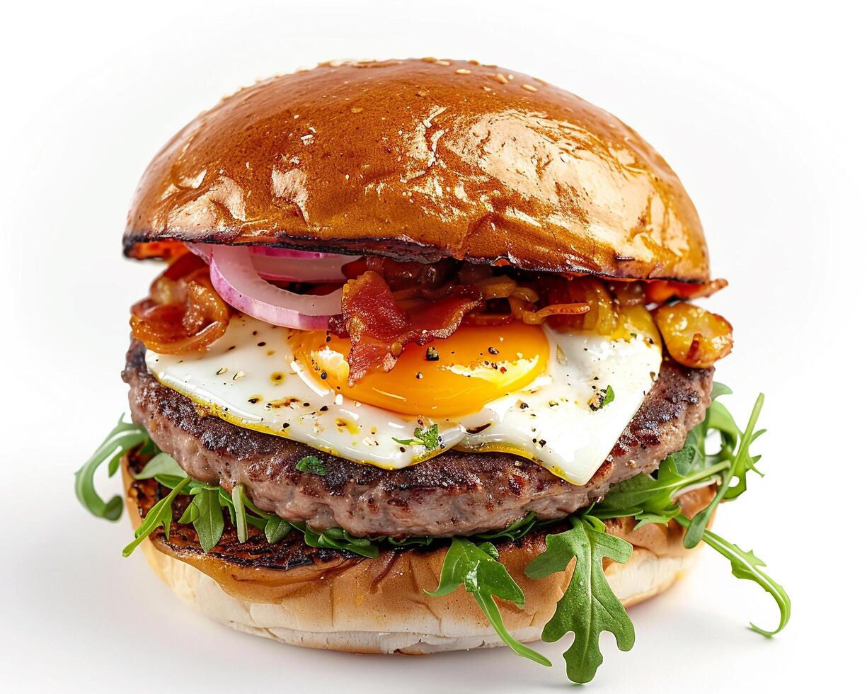 a burger with bacon, egg, and onion photo