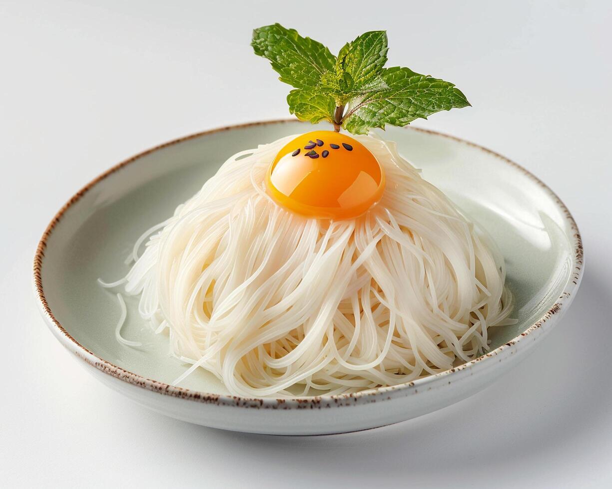 a bowl of noodles with an egg on top photo