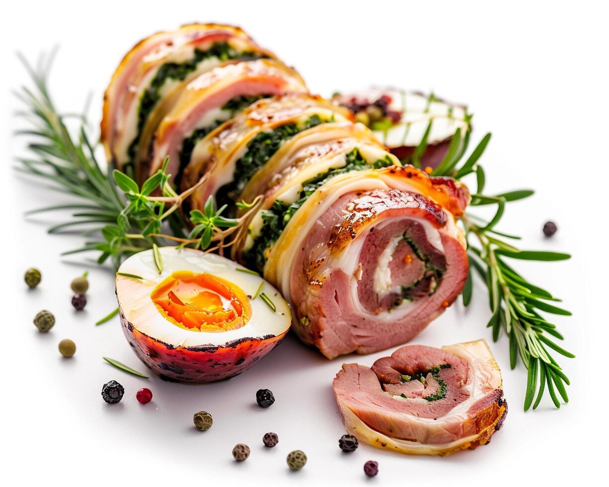 a piece of meat wrapped in bacon and herbs photo