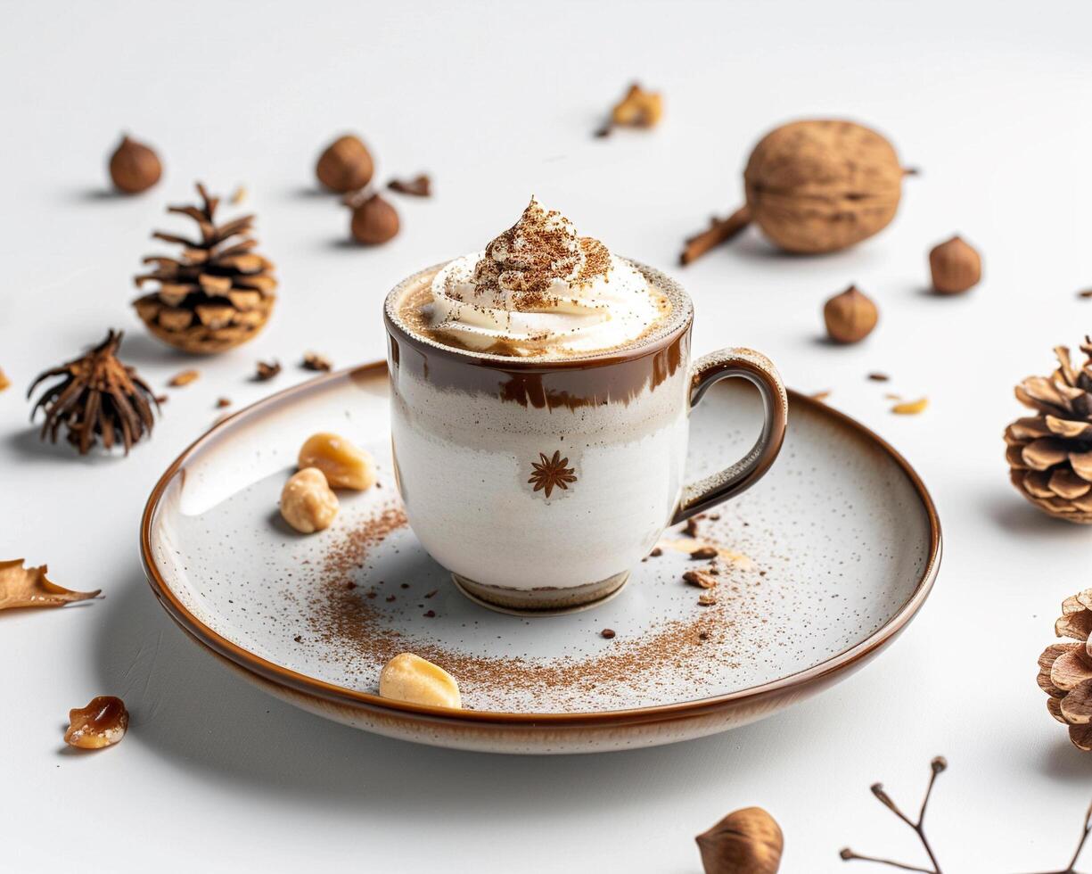 A cup of coffee with whipped cream and nuts photo