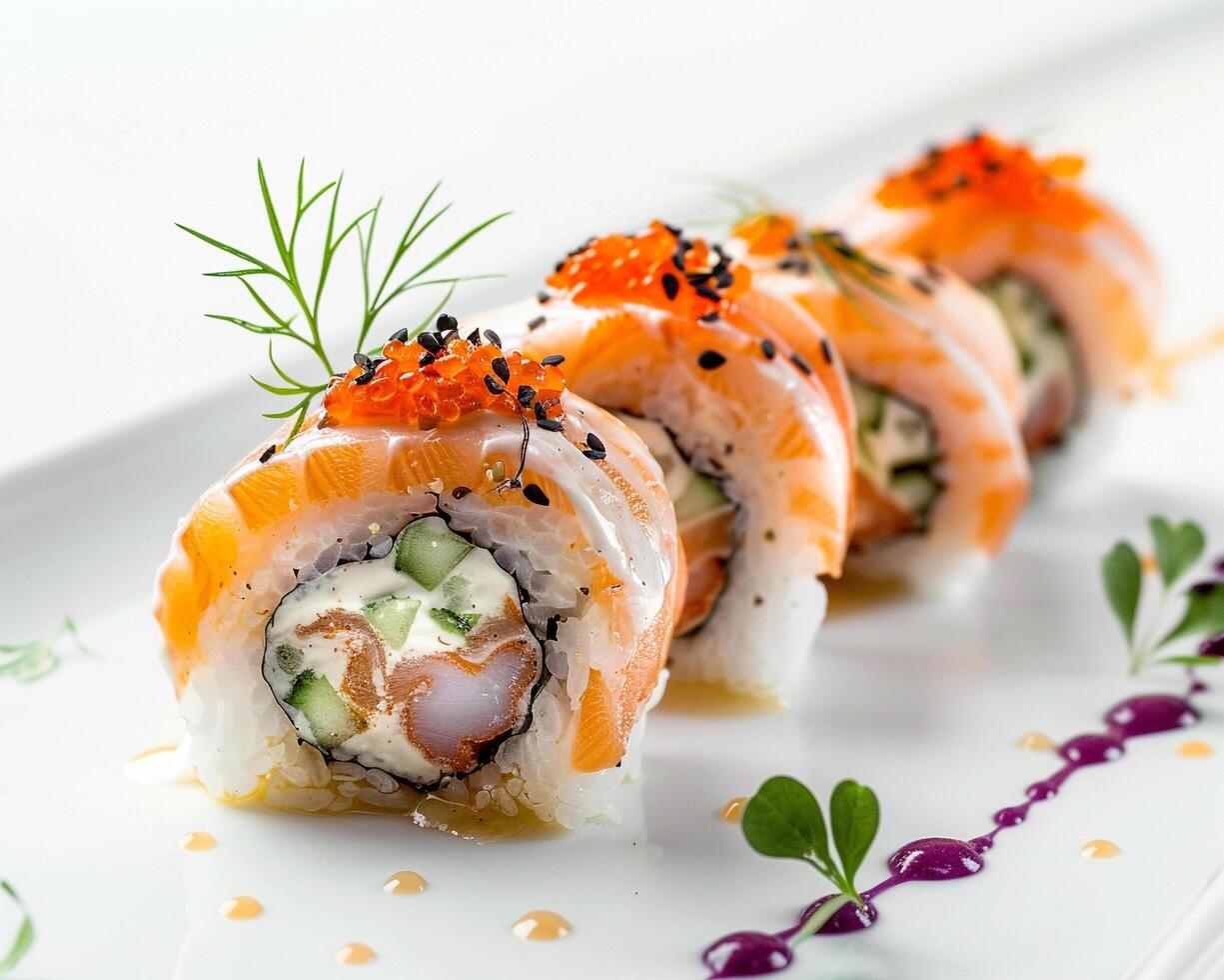 sushi rolls with salmon and cucumber on a white plate photo