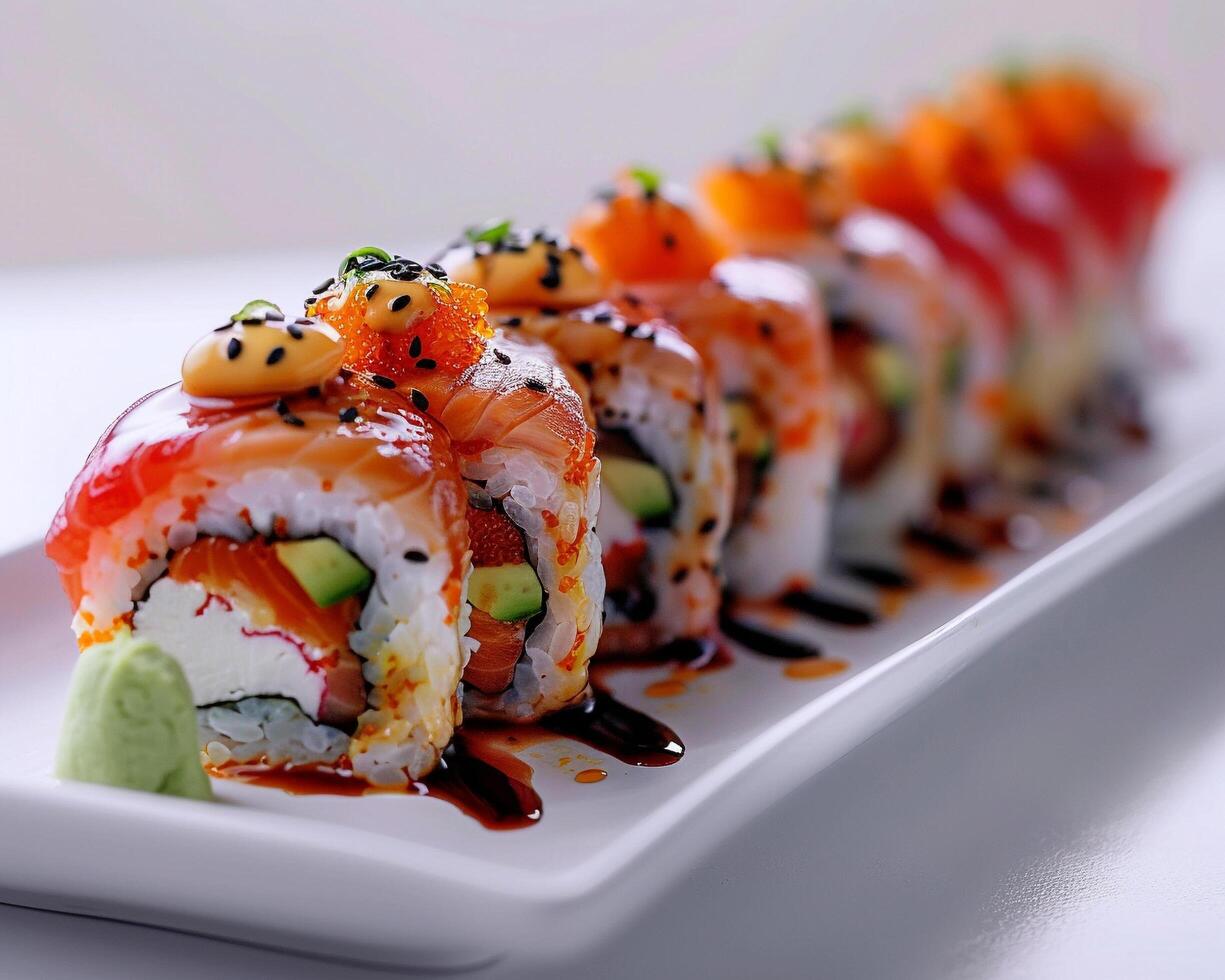 a long sushi roll with toppings on it photo