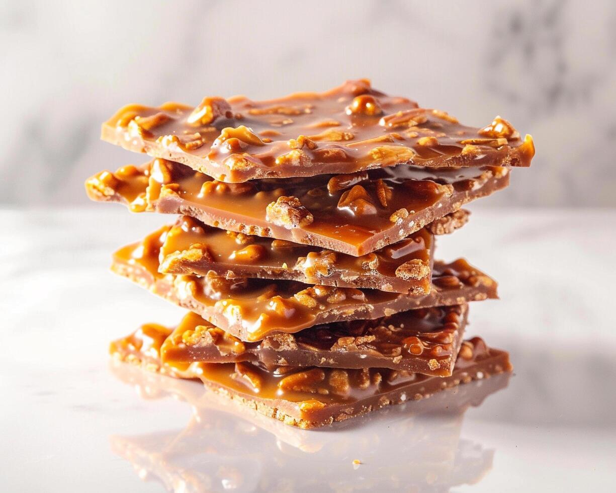 a stack of caramel candy on top of a marble surface photo