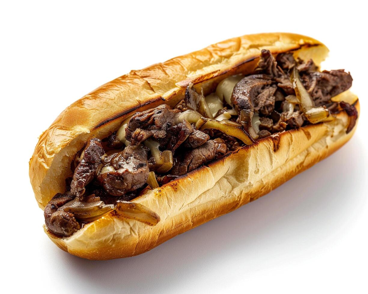 a beef sandwich with onions and cheese on a white surface photo