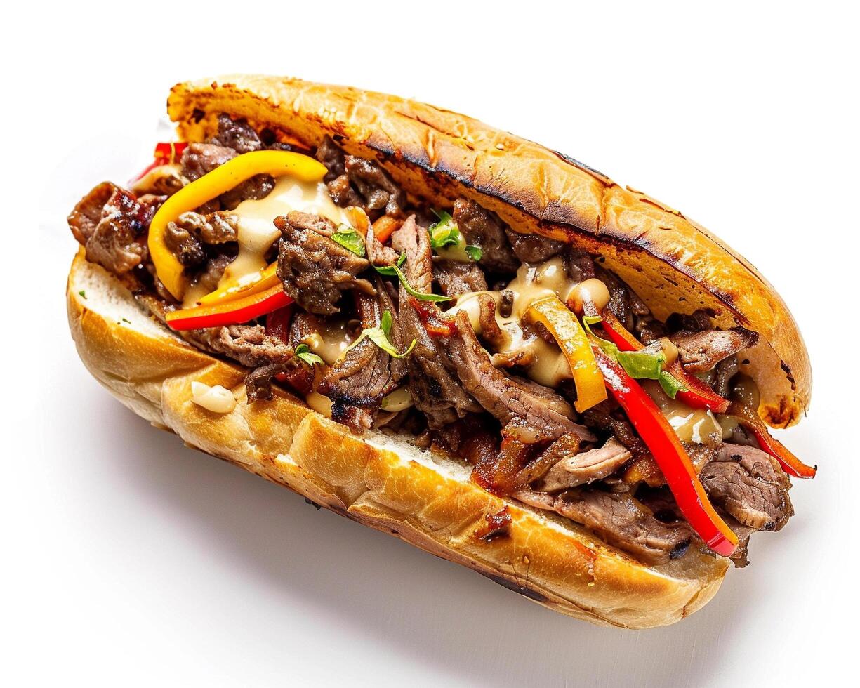 a beef sandwich with peppers and onions on a white surface photo