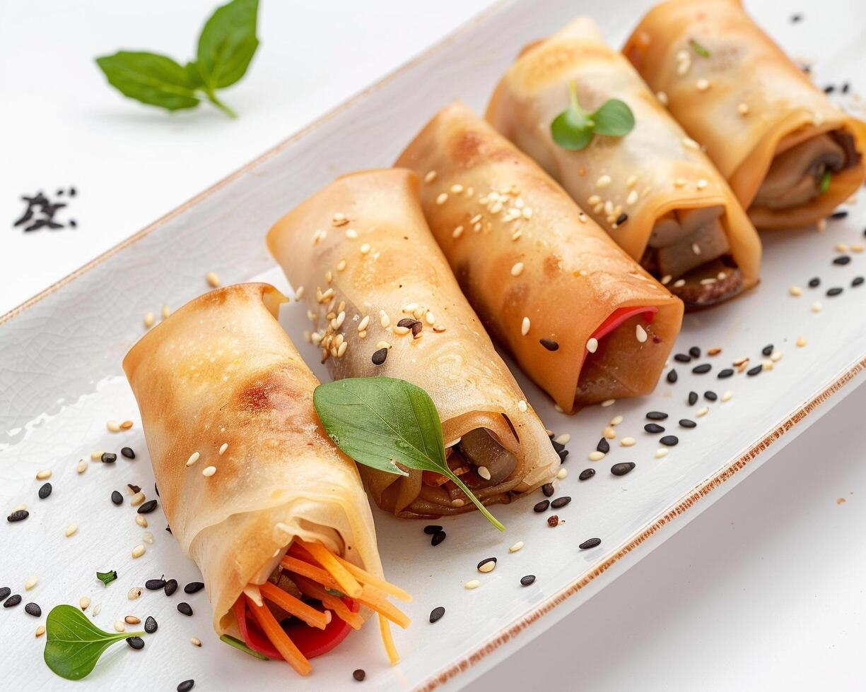 a plate with several spring rolls on it photo