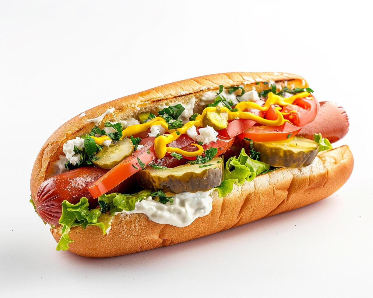 a hot dog with toppings photo