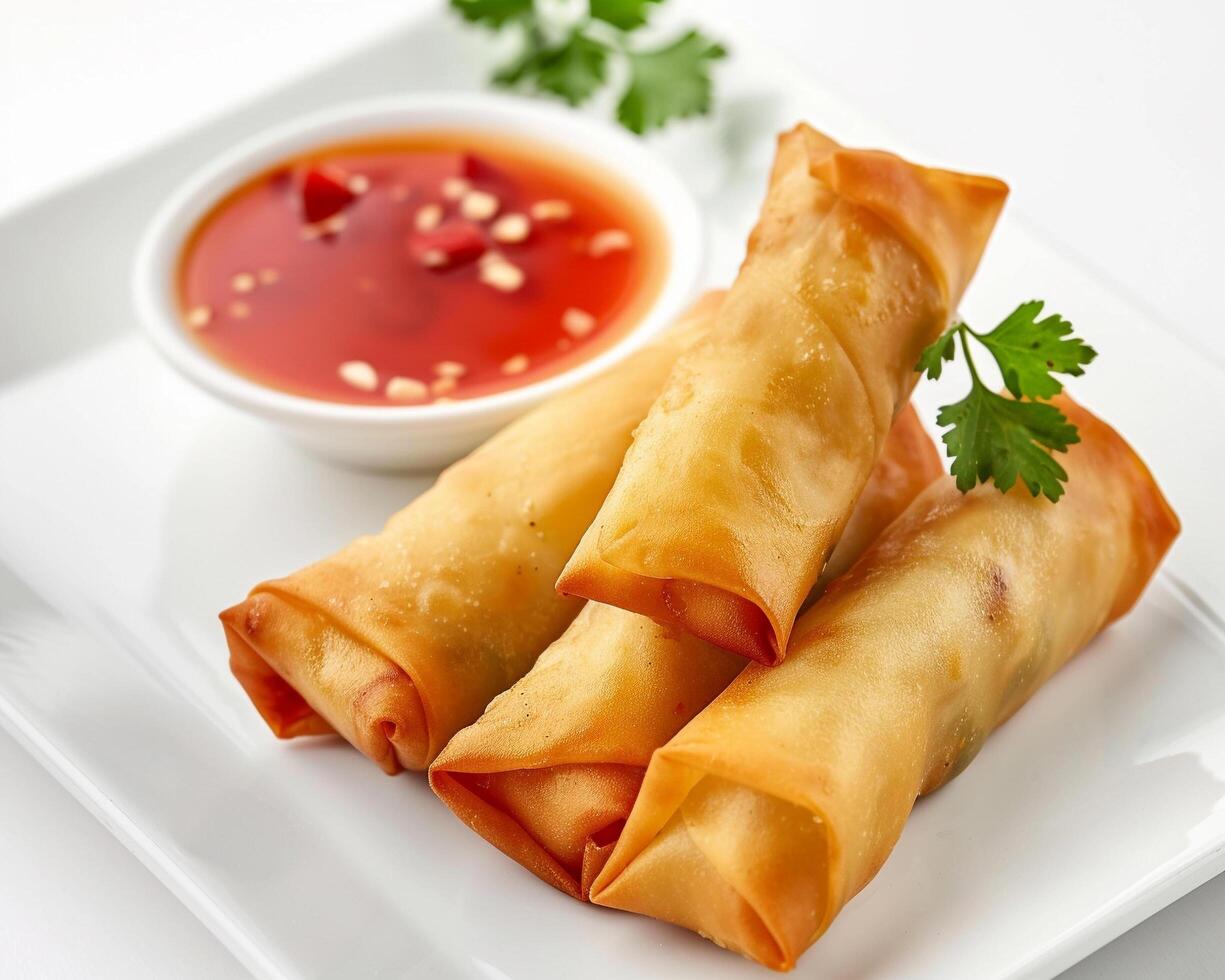 chinese spring rolls with sauce on a white plate photo