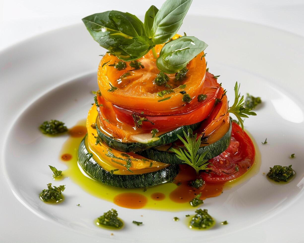 a plate of food with tomatoes and basil photo