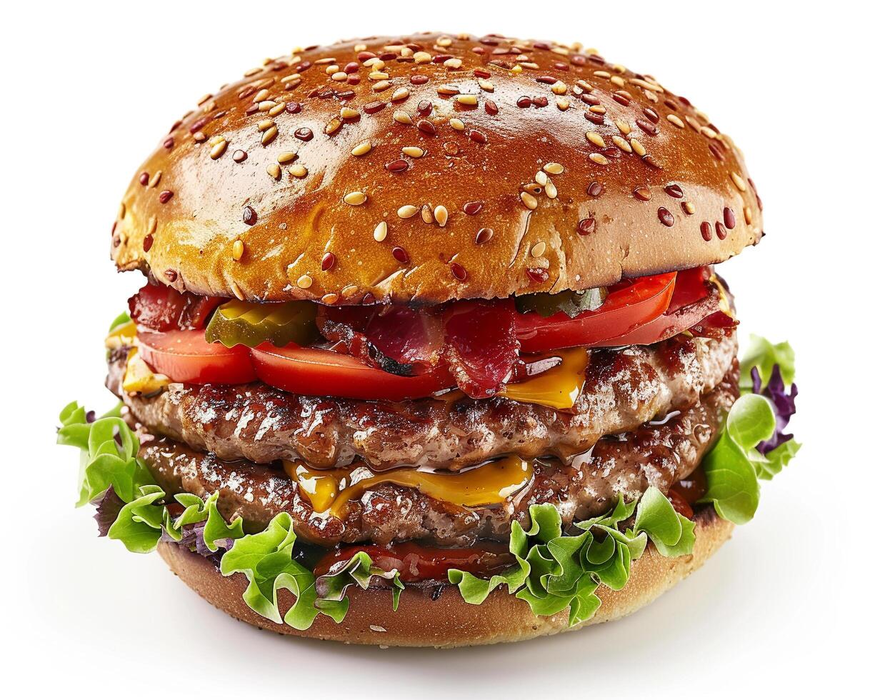 A large hamburger with cheese, lettuce and tomatoes photo