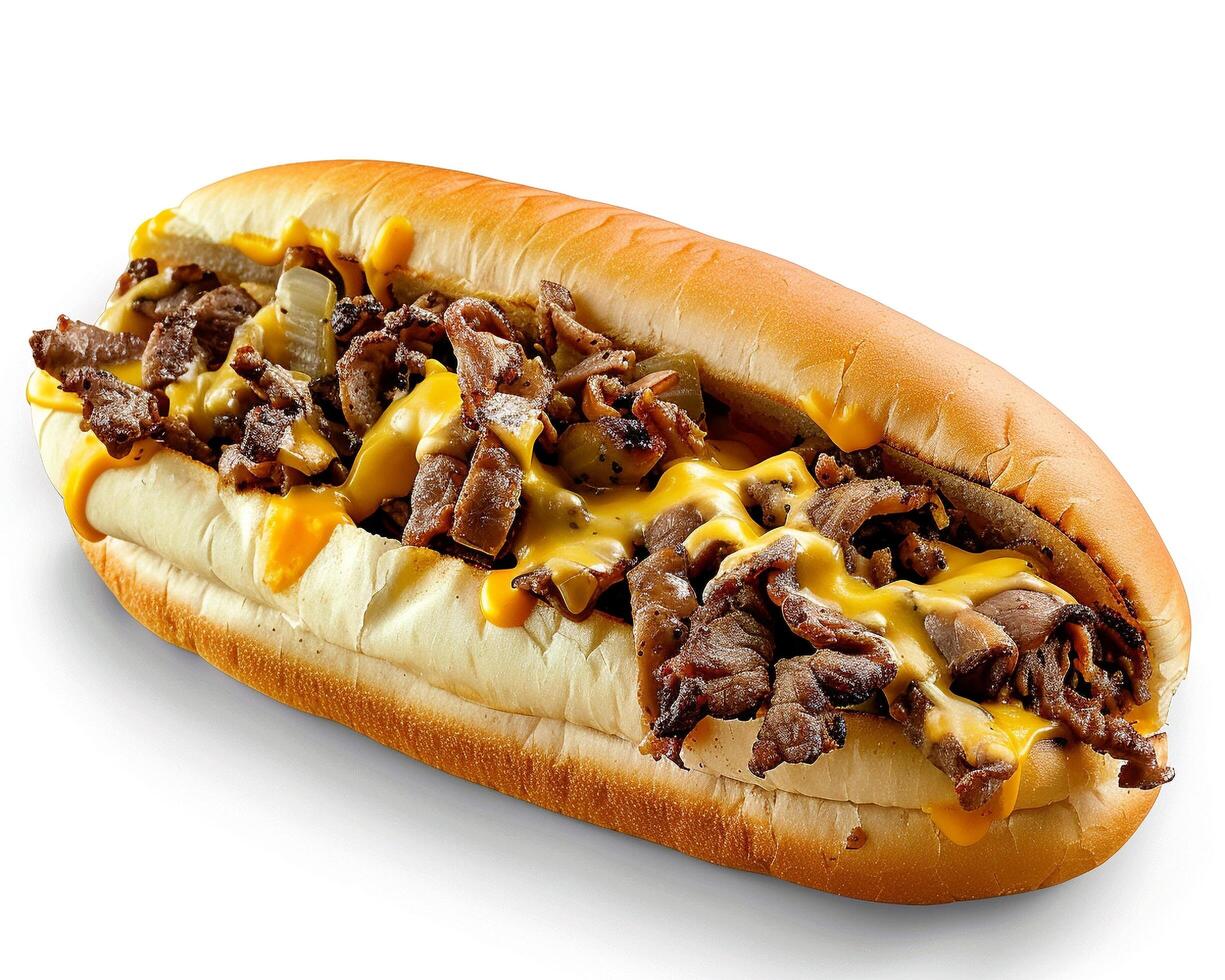 a hot dog with cheese and meat on a bun photo