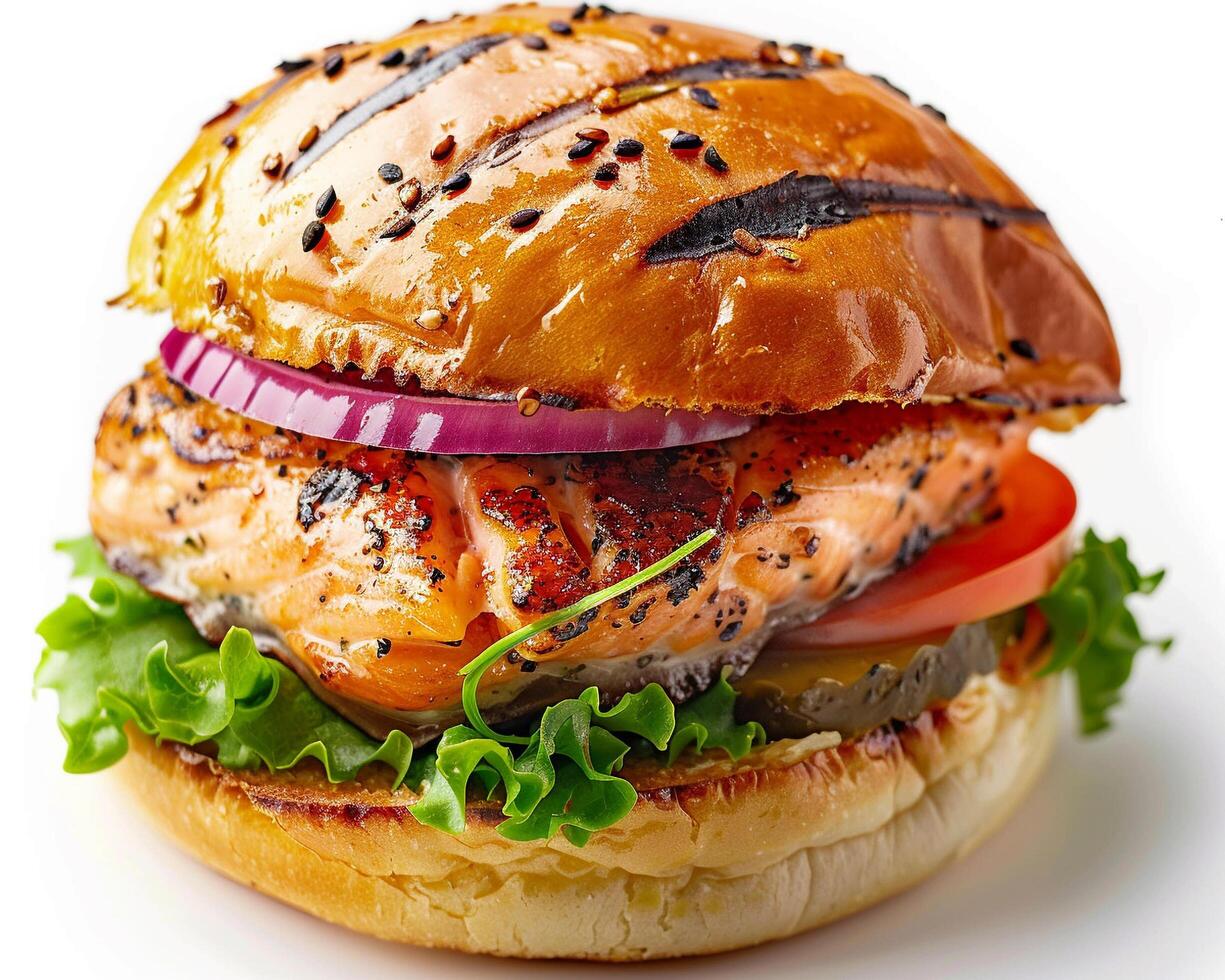 a close up of a burger with a piece of meat photo
