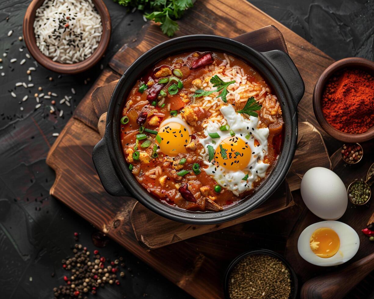 chicken curry with rice and eggs in a bowl on a wooden cutting board photo
