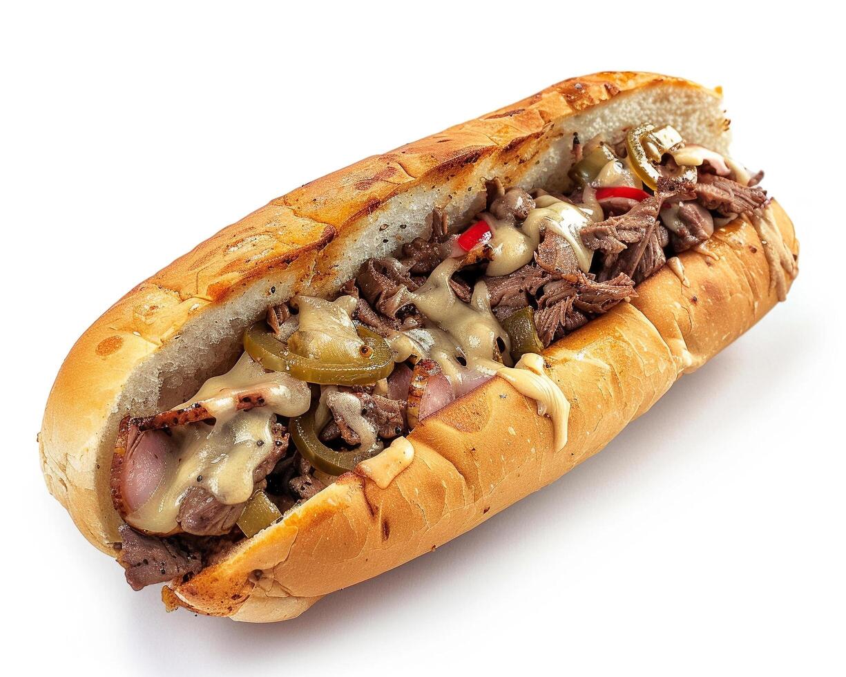 a sandwich with meat and peppers on a white surface photo