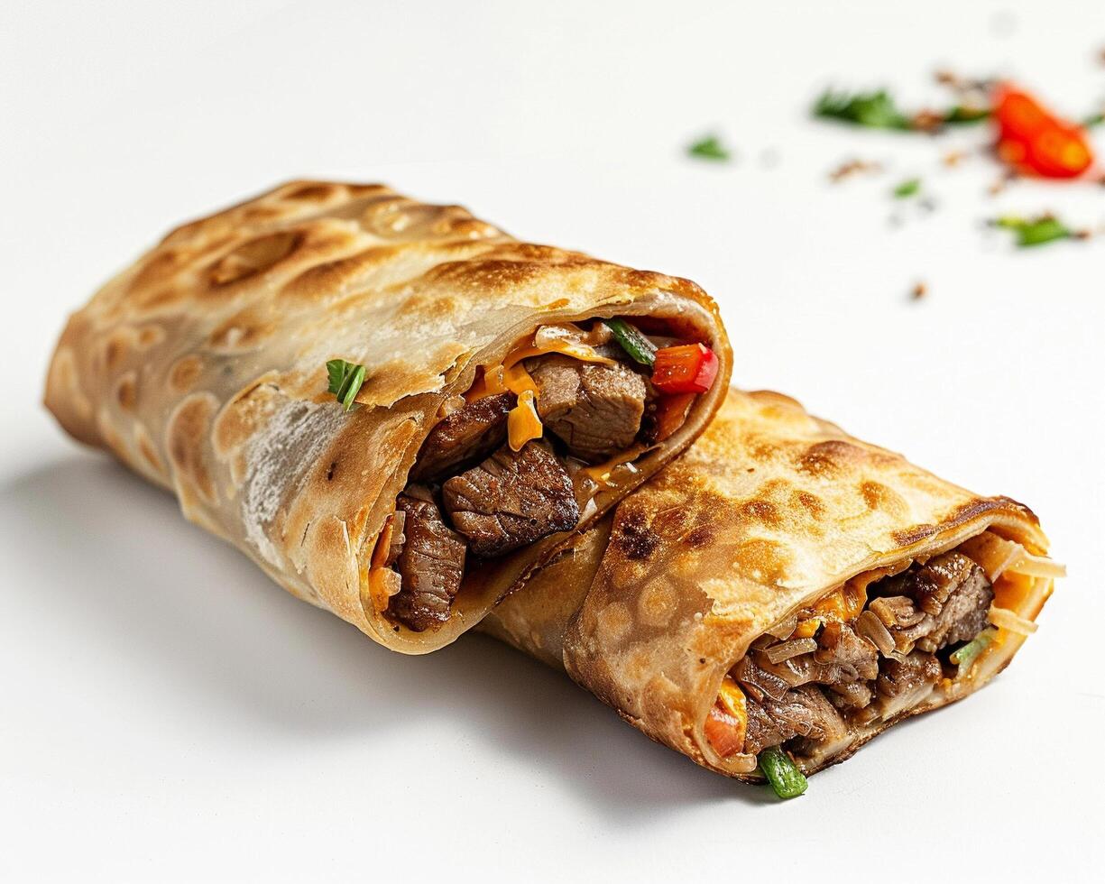 a beef and vegetable wrap with a piece of meat photo