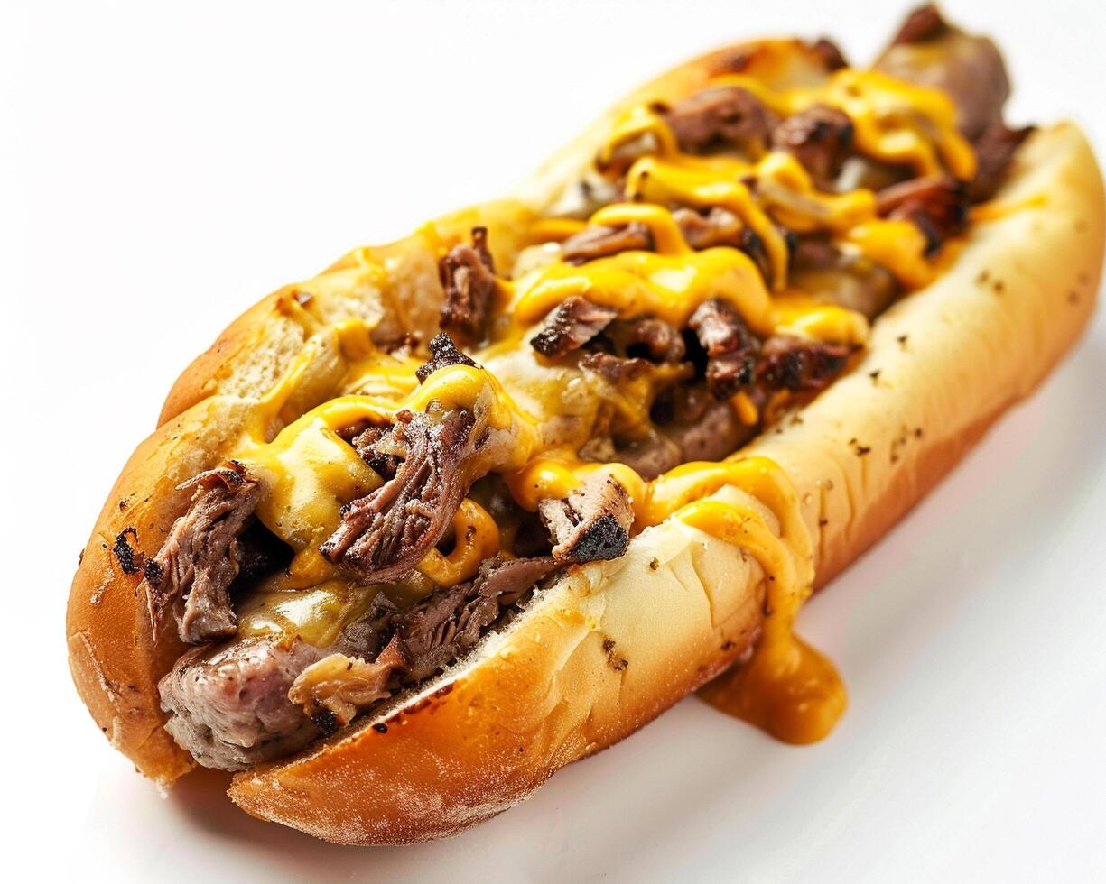 a hot dog with cheese and meat on a white plate photo
