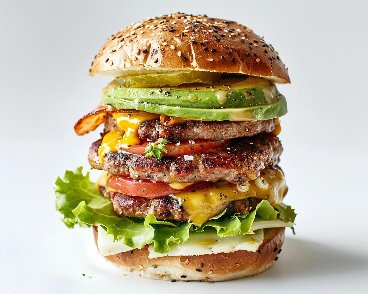 a large hamburger with cheese, lettuce, and tomato photo