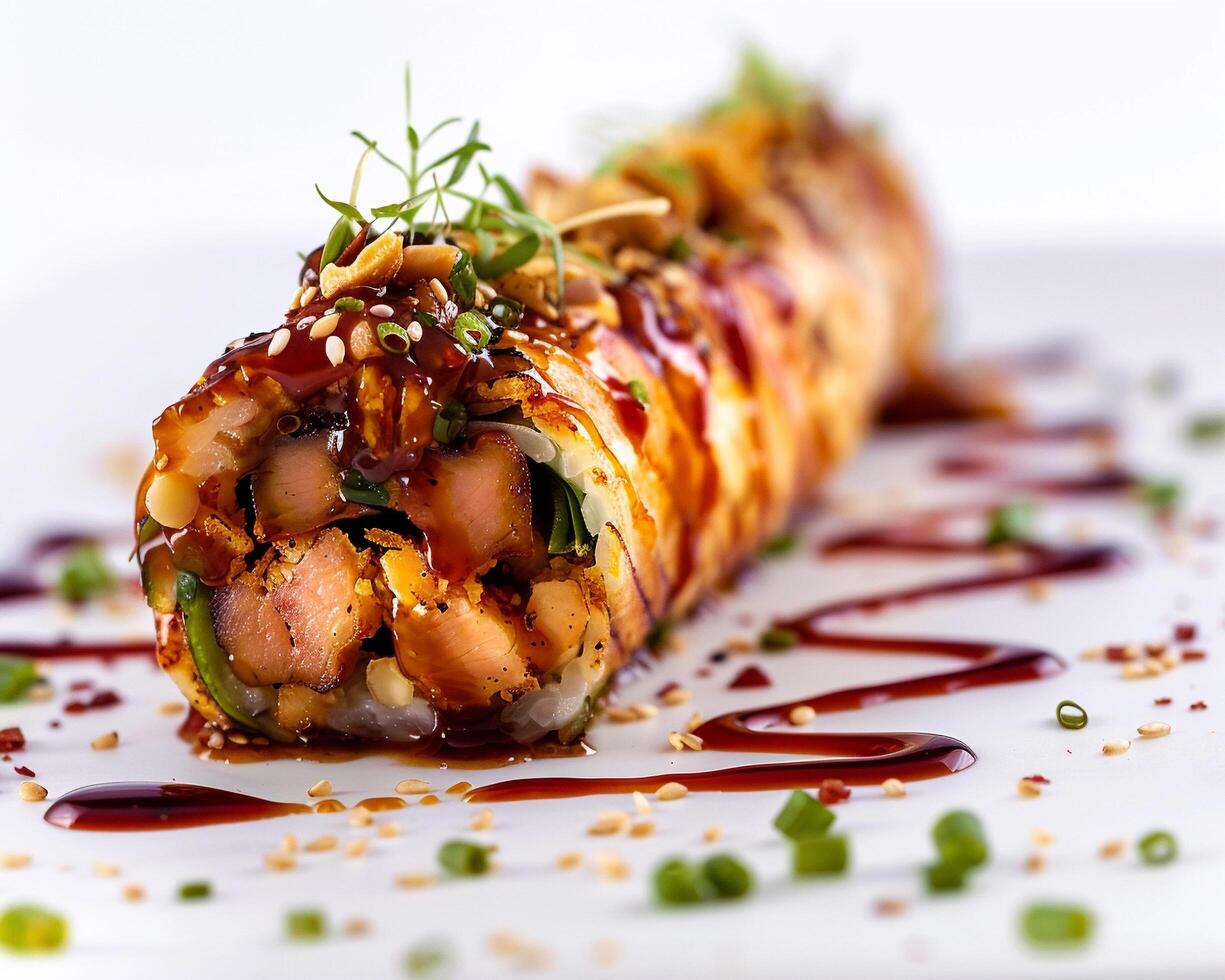 a sushi roll with sauce and green onions photo