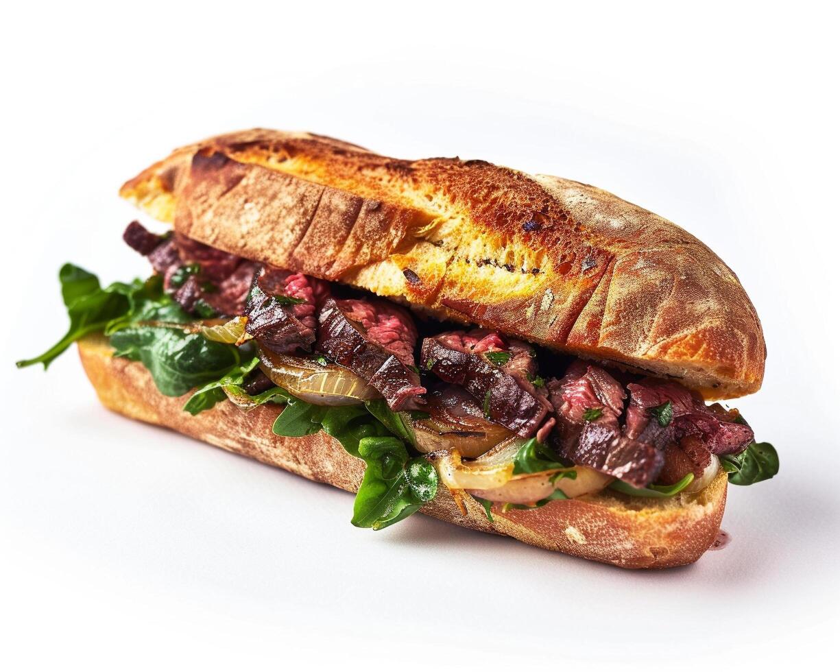 a sandwich with meat and greens on a white surface photo