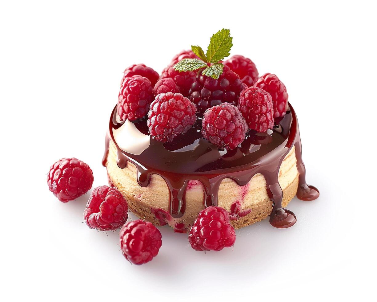 a cake with chocolate and raspberries on top photo