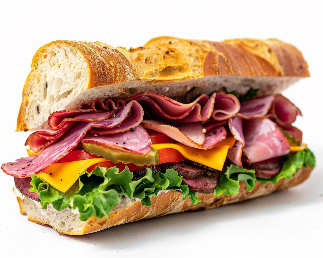 a sandwich with meat, cheese, and vegetables photo
