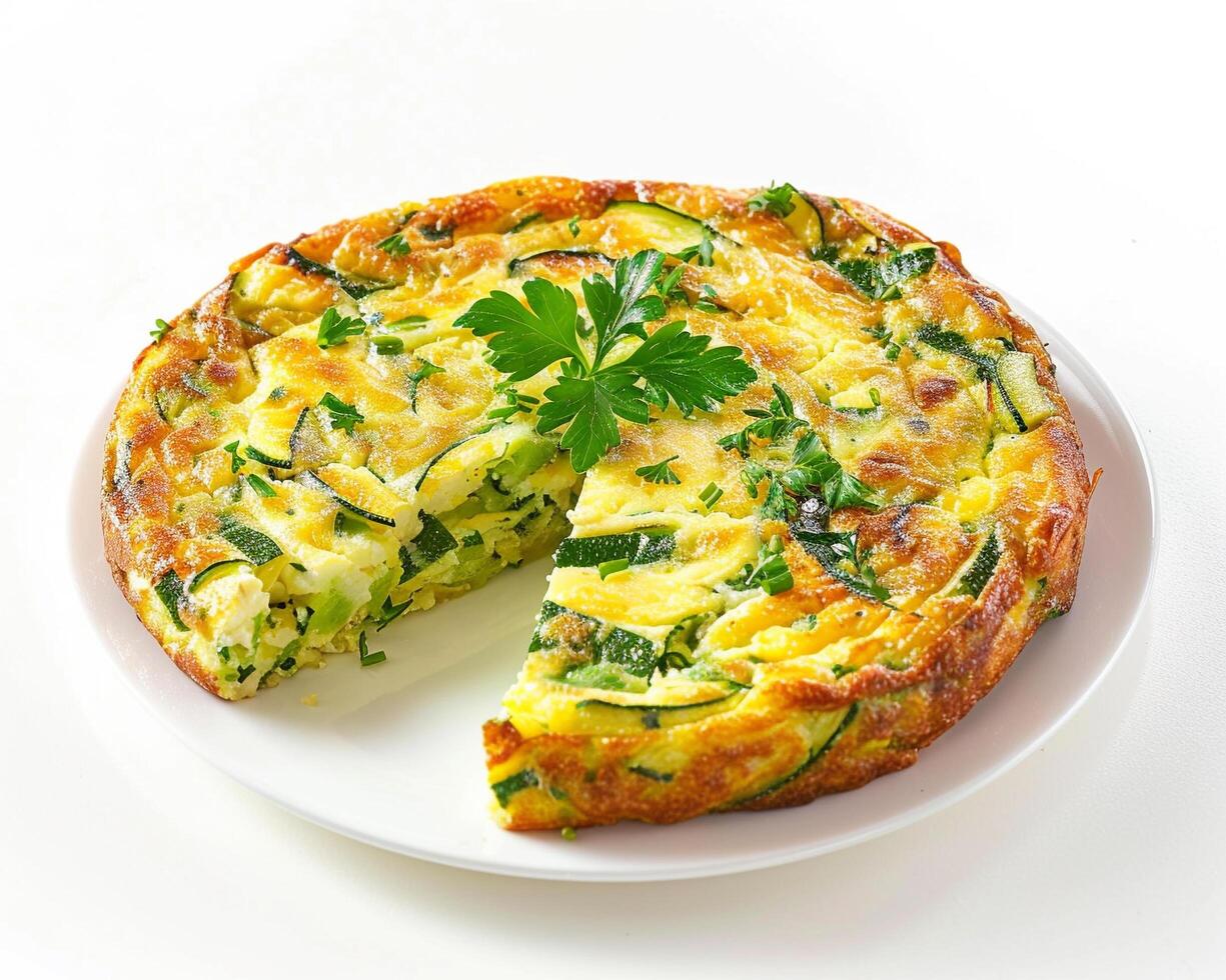a white plate with a slice of a quiche on it photo
