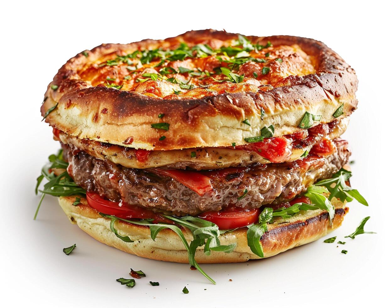 a large hamburger with cheese and vegetables on top photo