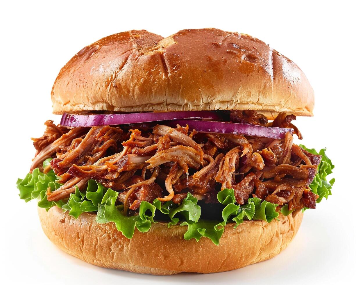 a pulled pork sandwich with lettuce and onions photo