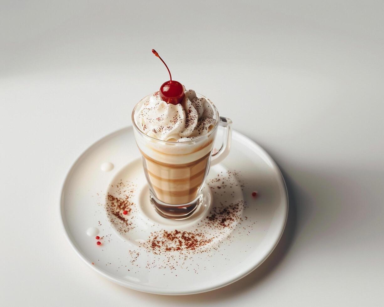 a coffee drink with whipped cream and a cherry on top photo