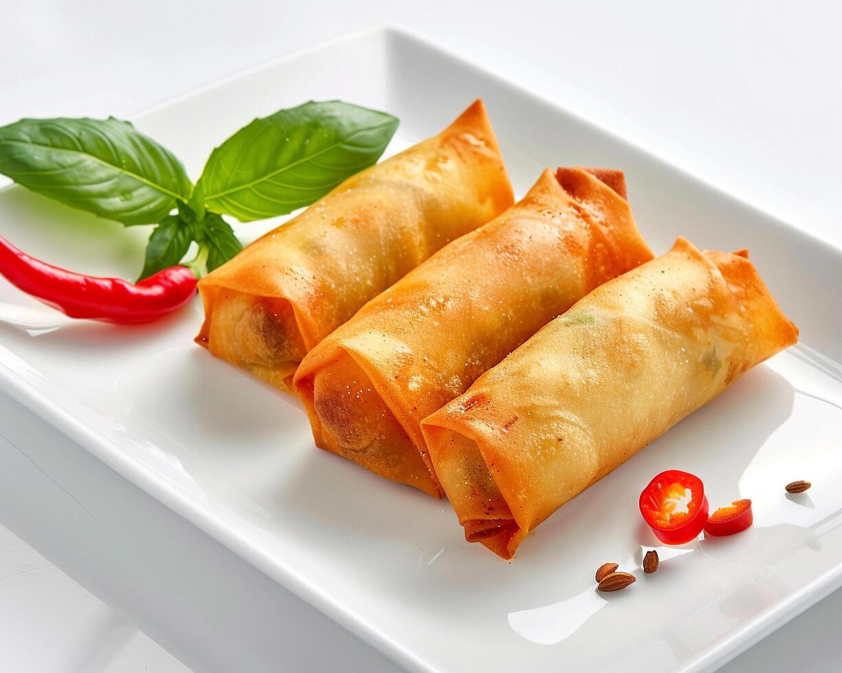 three spring rolls on a white plate photo