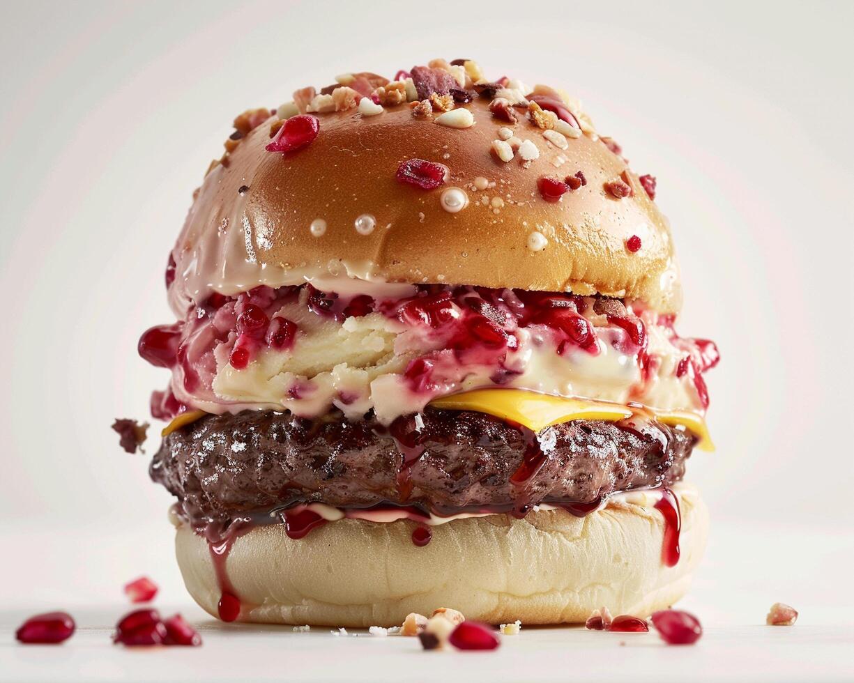 a hamburger with pomegranate and cheese photo