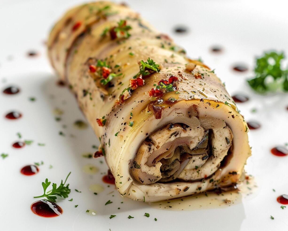 a roll of meat with sauce on top photo