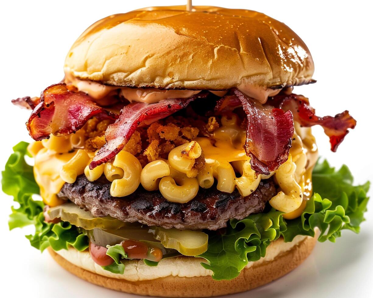 a large hamburger with bacon, cheese and lettuce photo
