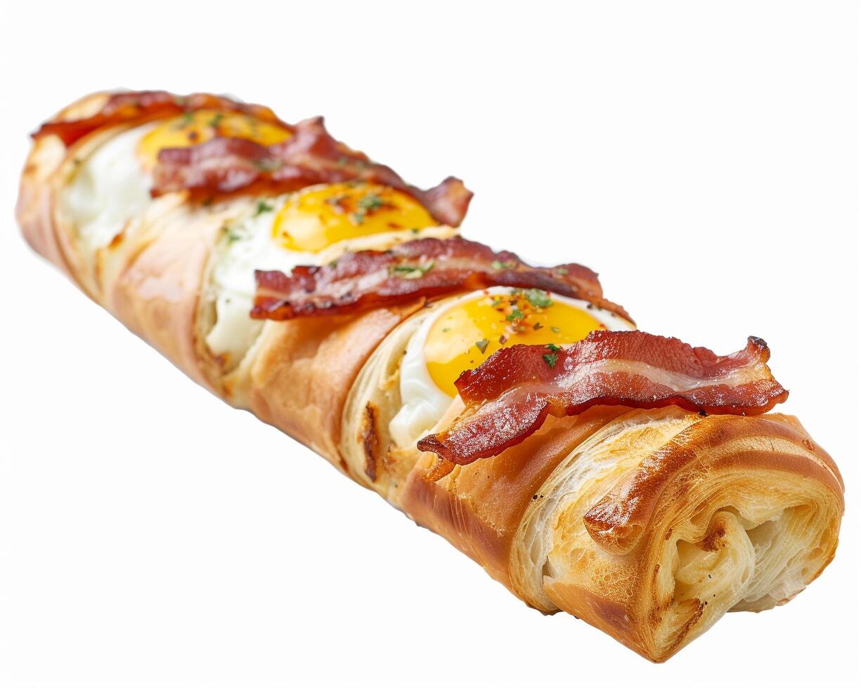 a long roll with bacon and eggs on it photo