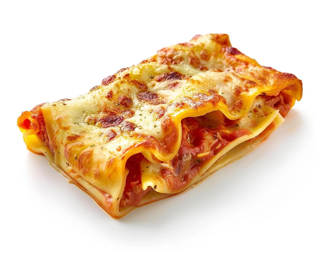 a piece of lasagna is shown on a white surface photo