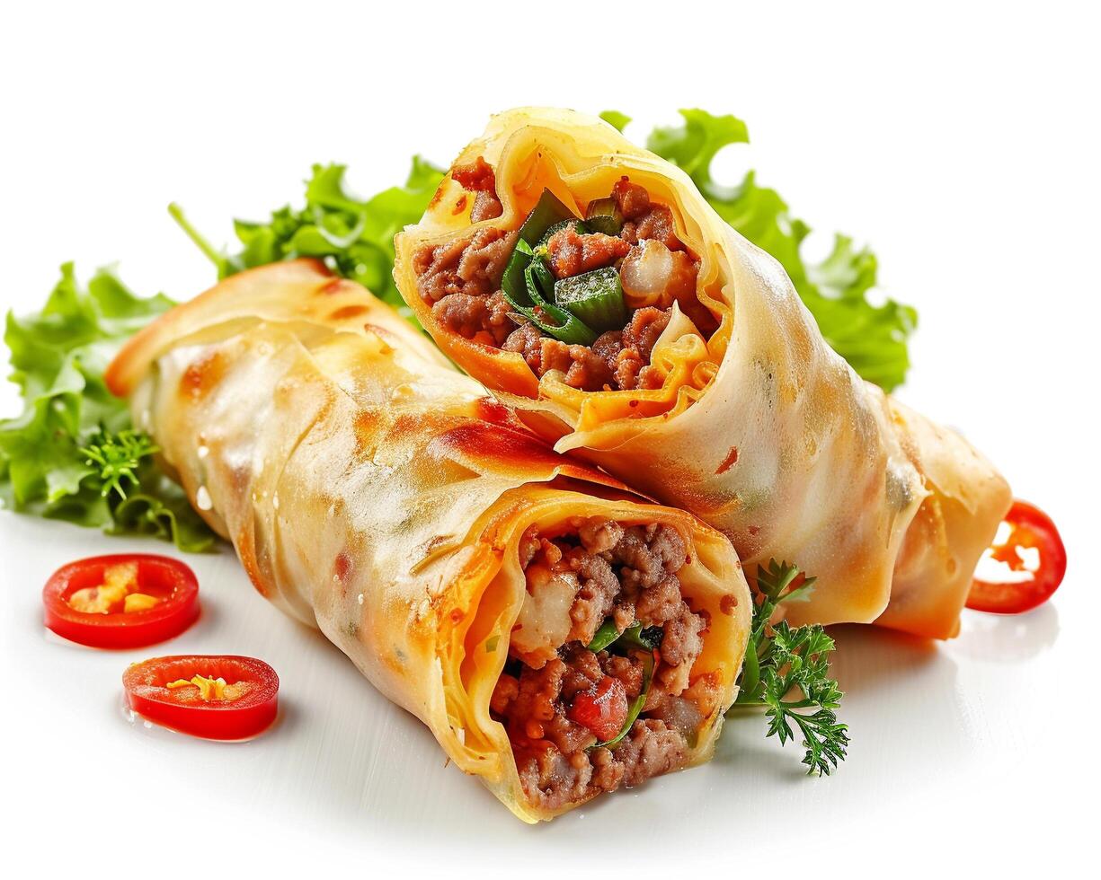 two meat and vegetable rolls with lettuce and tomatoes photo