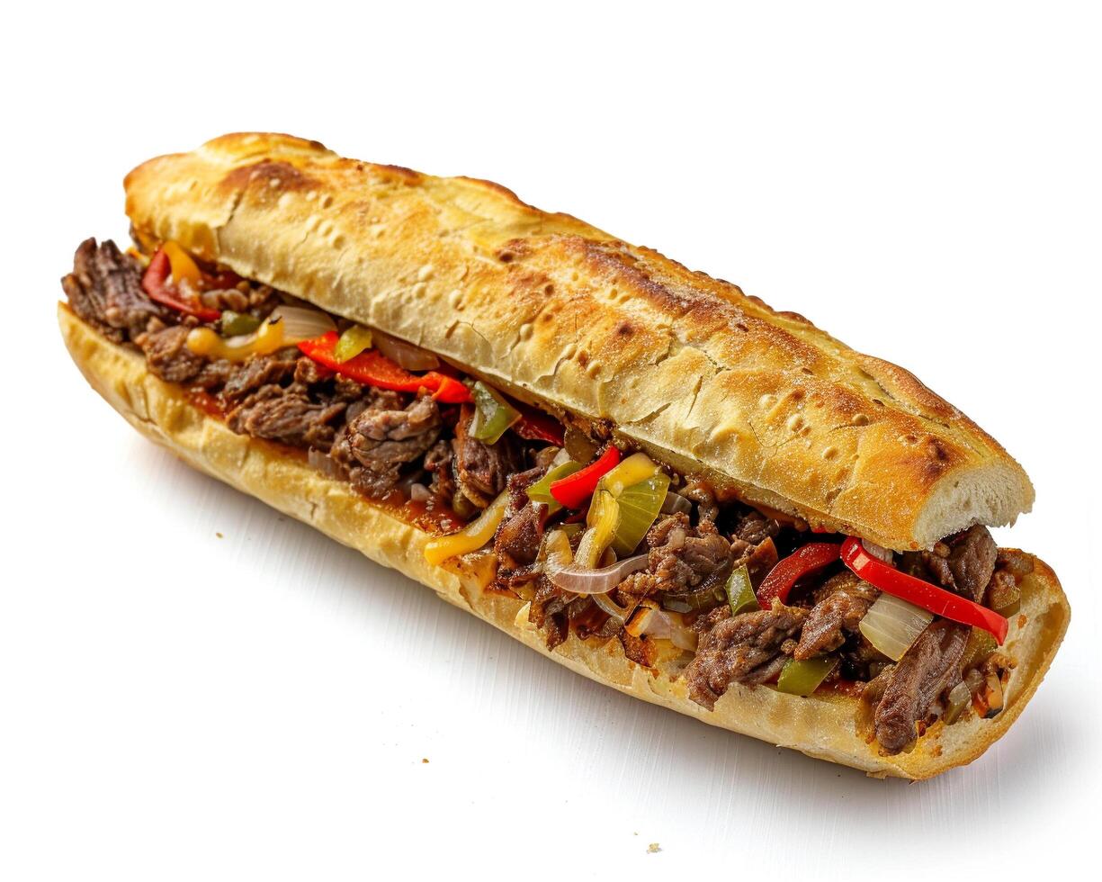 a sandwich with meat and peppers on a white surface photo
