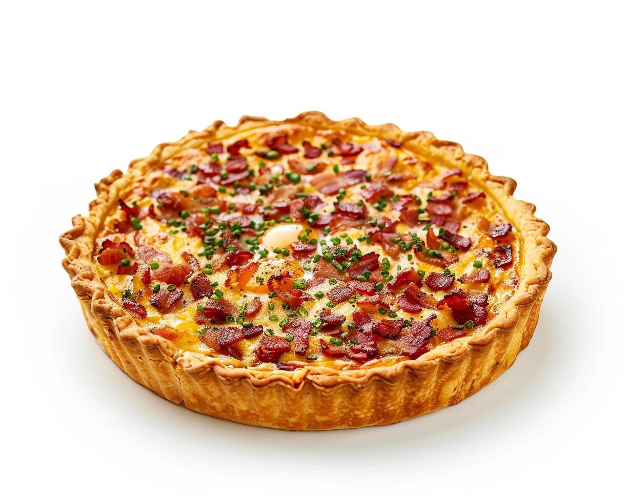 a quiche with bacon and herbs on a white background photo