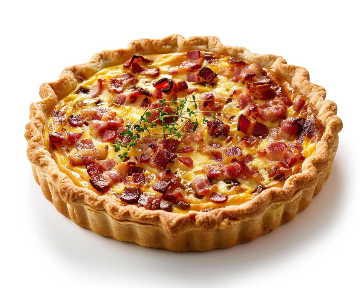 a quiche with bacon and cheese on a white surface photo