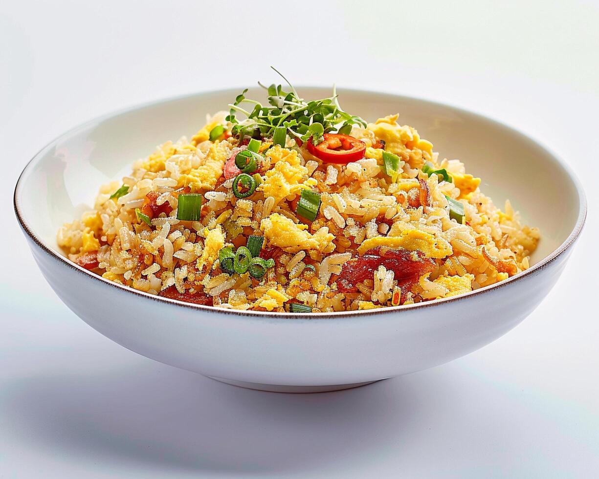 a white bowl filled with rice and vegetables photo