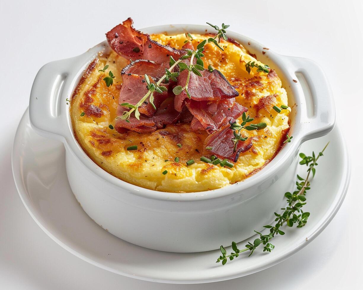 a white plate topped with a dish of food photo