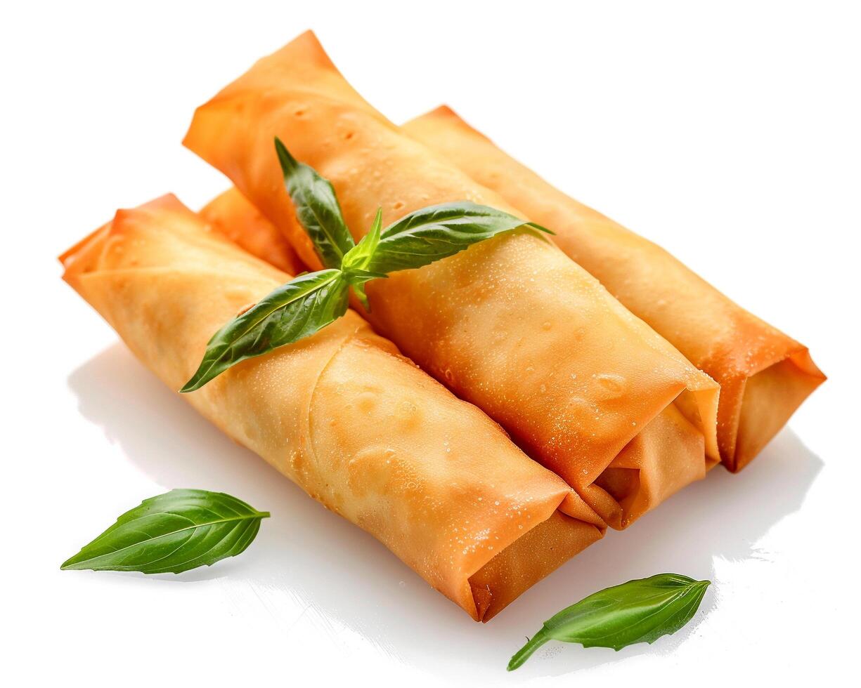 three rolls with basil leaves on top photo
