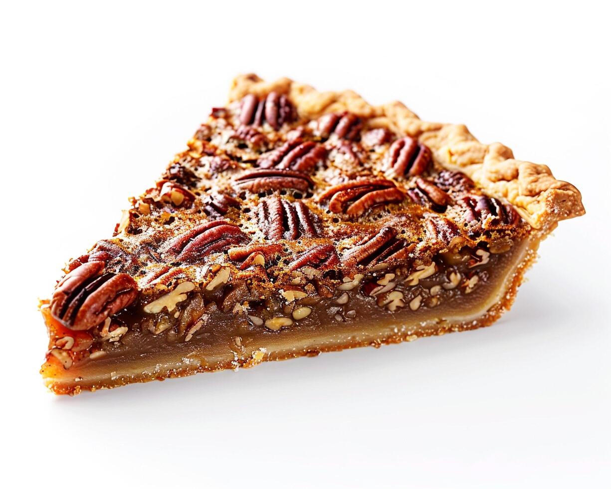 a slice of pecan pie with pecans on top photo
